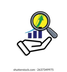 Technology icons. Predictive Analytic. Upward graph with magnifying glass in hand. Depicts automation, artificial intelligence. Mixed design style