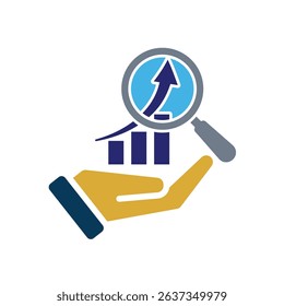 Technology icons. Predictive Analytic. Upward graph with magnifying glass in hand. Depicts automation, artificial intelligence. Flat design style