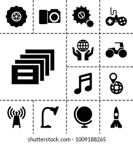 Technology icons. set of 13 editable filled technology icons such as joystick, globe, note, transmitter, pin on globe, message, table lamp, gear, tractor, camera, rocket