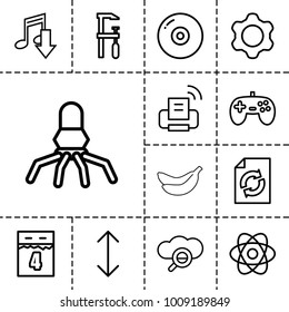 Technology icons. set of 13 editable outline technology icons such as reload, chainsaw, disc, joystick, eating mouth, atom, rocket, search cloud, gear, arrow, printer