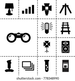 Technology icons. set of 13 editable filled technology icons such as table lamp, test tube, joystick, bulb, railway, loudspeaker, soft box, camera tripod, burst, signal