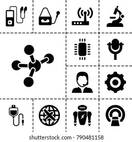 Technology icons. set of 13 editable filled technology icons such as plane, mri, robot, microphone, support, gear    sign symb, router, mp3 player, drop counter, microscope