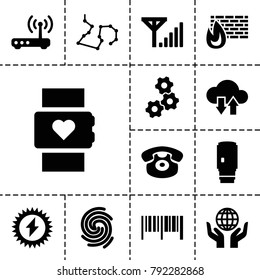 Technology icons. set of 13 editable filled technology icons such as barcode, gear, heart rate watch, desk phone, brick wall fire, camera lense, router, finger print
