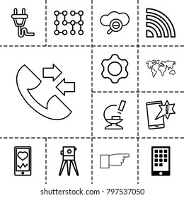 Technology icons. set of 13 editable outline technology icons such as calendar on phone, theodolite, important message, heartbeat on phone, microscope, search cloud, signal