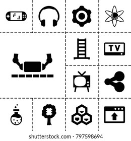 Technology icons. set of 13 editable filled technology icons such as ladder, share, headphones, tv, cpu in tree, gear, window browser upload, portable game console, atom