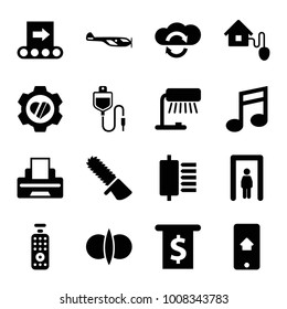 Technology icons. set of 16 editable filled technology icons such as metal gate detector, helicopter, table lamp, money in atm, heart in gear, atom fusion, cloud sync, spu