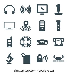 Technology icons. set of 16 editable filled technology icons such as atm money withdraw, phone, cpu, map location, display, test tube, joystick, fan, headset, record player