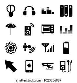 Technology icons. set of 16 editable filled technology icons such as atom, mp3 player, brain bulb, signal, studio umbrella, home on phone display, microwave, music loudspeaker