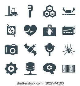 Technology icons. set of 16 editable filled technology icons such as camera, clamp, gear, microphone, play in gear, server, card, spider, tractor, chemical structure