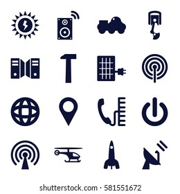 Technology icons set. Set of 16 Technology filled icons such as signal, globe, robot arm, satellite, music loudspeaker, phone, solar panel, sun battery, location pin, robot