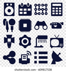 Technology icons set. set of 16 technology filled icons such as satellite, binoculars, camera, microphone, soft box, printer, electric circuit, calendar, CPU, speaker, TV