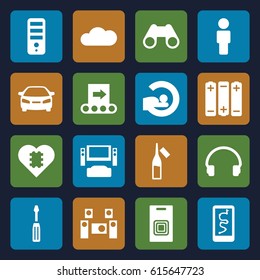 Technology icons set. set of 16 technology filled icons such as CPU, car, screwdriver, ampoule, MRI, binoculars, headset, cloud, audio system, door bell, conveyor, battery