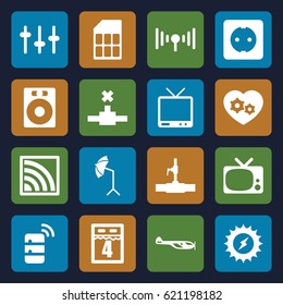 Technology icons set. set of 16 technology filled icons such as helicopter, water pipe, gear heart, equalizer, TV, wi-fi, studio umbrella, signal, plug socket, server