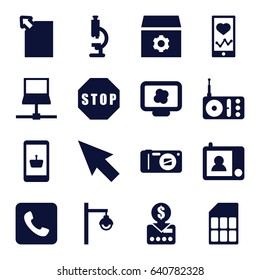 Technology icons set. set of 16 technology filled icons such as gear, heartbeat on phone, radio, call, camera, intercom, street lamp, stop, memory card, atom on display