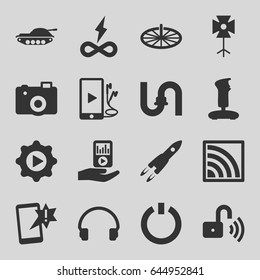 Technology icons set. set of 16 technology filled icons such as pipe, camera, headset, phone and earphones, mp3 player on hand, play in gear, wi-fi, soft box