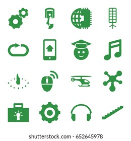 Technology icons set. set of 16 technology filled icons such as stairs, gear, graduate emoji, earphones, reload replay, soft box, home on phone display, gear    sign symb