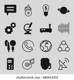 Technology icons set. set of 16 technology filled and outline icons such as gear, microscope, microphone, bulb with dollar, planet, call, equalizer, cd fire