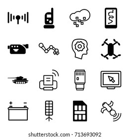 Technology icons set. set of 16 technology filled and outline icons such as baby monitor phone, camera, soft box, signal, sim card, tank, axle with propeller, gear in head