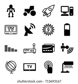 Technology icons set. set of 16 technology filled and outline icons such as equalizer, tractor, touchscreen, card, pc, satellite, tv, battery, robot, rocket, sun battery