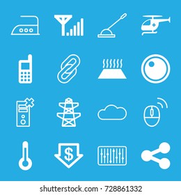 Technology icons set. set of 16 technology filled and outline icons such as dollar down, phone, pylon, medical helicopter, camera lense, temperature, heating system in car