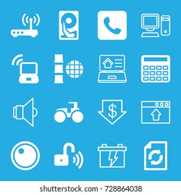 Technology icons set. set of 16 technology filled and outline icons such as calculator, reload, tractor, call, camera lense, opened security lock, router, laptop signal