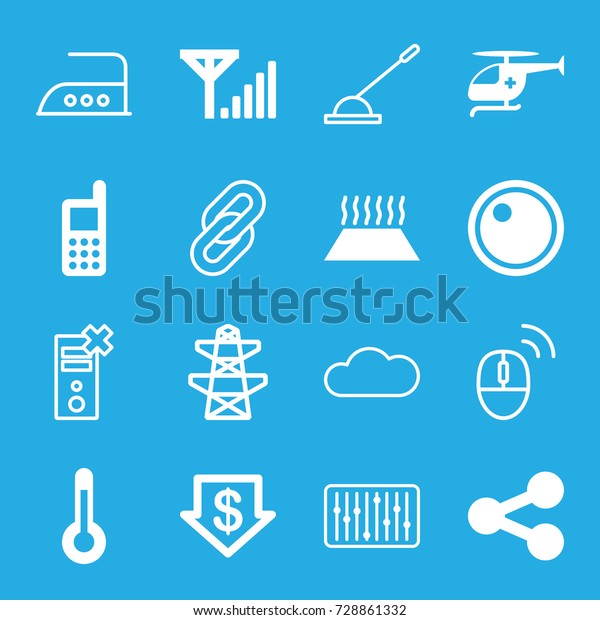 Technology icons set.\
set of 16 technology filled and outline icons such as dollar down,\
phone, pylon, medical helicopter, camera lense, temperature,\
heating system in\
car