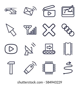 Technology icons set. Set of 16 Technology outline icons such as satellite, mail, curved arrow, pen tool on tablet, usb signal, conveyor, chain, hummer, play, cross