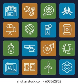Technology icons set. set of 16 technology outline icons such as spider, heart in gear, camera, loud speaker set, CD fire, disc and music note, camera display, camera focus