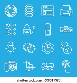 Technology icons set. set of 16 technology outline icons such as printer, concrete mixer, disc flame, touchscreen, microphone, browser, record player, camera lense