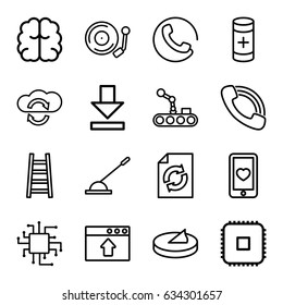 Technology icons set. set of 16 technology outline icons such as call, brain, reload, ladder, heart mobile, arm lever, battery, download, gramophone, conveyor and robot arm