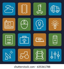 Technology icons set. set of 16 technology outline icons such as cloudy weather, iron, tractor, battery, mouse, intercom, light bulb, satellite, binary code, cpu