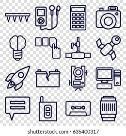 Technology Icons Set. Set Of 16 Technology Outline Icons Such As Level Equipment, Push Button, Plowing Tool, Water Pipe, Cassette, Calculator, Pc, Camera Lense, Intercom