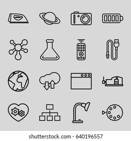 Technology icons set. set of 16 technology outline icons such as iron, vice clamp, structure, gear heart, baterry, test tube, table lamp, camera, wire, camera mode