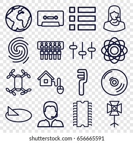 Technology icons set. set of 16 technology outline icons such as clamp, customer support, equalizer, cassette, support, soft box, smart home, finger print, cd, cpu, sundial