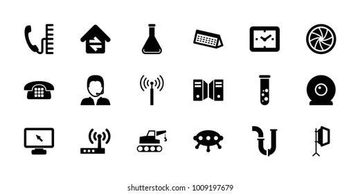Technology icons. set of 18 editable filled technology icons: signal tower, pipe, clock, ufo, test tube, support, camera shutter, soft box, home connection, web camera, phone