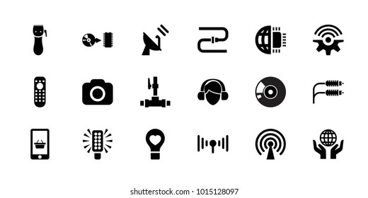 Technology icons. set of 18 editable filled technology icons: bulb heart, disc, camera, signal, satellite, electric razor, pipe, online shopping, water pipe, bulb, cpu planet