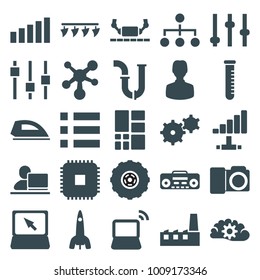 Technology icons. set of 25 editable filled technology icons such as pipe, adjust, user, menu, cpu, laptop, test tube, record player, grid, signal, rocket, atom, gear, iron