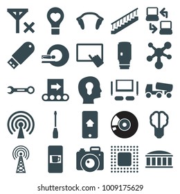 Technology icons. set of 25 editable filled technology icons such as vending machine, finger on tablet, concrete mixer, brain bulb, bulb heart, head with keyhole, flash drive