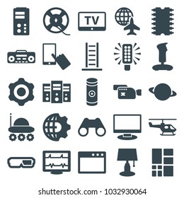 Technology icons. set of 25 editable filled technology icons such as tv, finger on display, table lamp, joystick, 3d glasses, heartbeat, planet, tractor, clobe gear