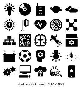 Technology icons. set of 25 editable filled technology icons such as plane, brain, gear, qr code, movie tape, heartbeat, gear in head, planet, share, structure, satellite