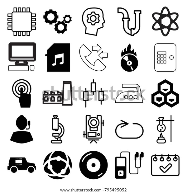 Technology icons. set of\
25 editable filled and outline technology icons such as support,\
disc on fire, touchscreen, memory card with music, cd fire, network\
connection, gear