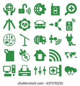Technology icons set. set of 25 technology filled icons such as car, medical cross, heart in gear, holding globe, disc flame, equalizer, printer, camera tripod, zoom in, plug