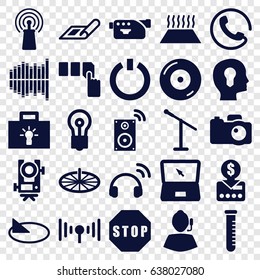 Technology icons set. set of 25 technology filled icons such as call, plan, level equipment, push button, bulb, disc on fire, signal, camera, test tube, equalizer, laptop