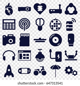 Technology icons set. set of 25 technology filled icons such as rocket, tractor, disc on fire, portable console, earphones, cd fire, camera lense, studio umbrella, street lamp