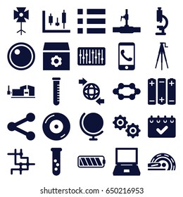 Technology icons set. set of 25 technology filled icons such as gear, vice clamp, water pipe, qround the globe, disc on fire, mri, test tube, slider, camera tripod, soft box