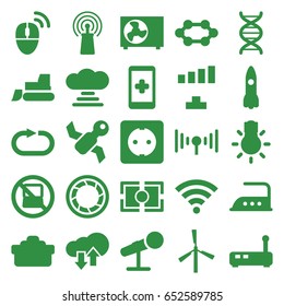 Technology icons set. set of 25 technology filled icons such as mill, no laptop, iron, signal, tractor, dna, reload replay, microphone, camera shutter, camera lense