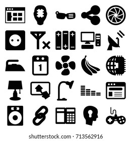Technology icons set. set of 25 technology filled icons such as joystick, plug socket, equalizer, iron, fan, browser, table lamp, pc, camera shutter, home on tablet