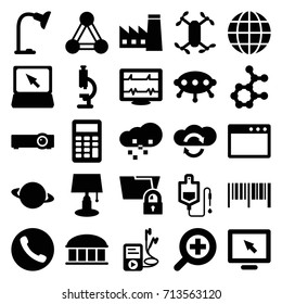 Technology icons set. set of 25 technology filled icons such as connection, factory, observatory, heartbeat, drop counter, laptop, mp3 player, table lamp, zoom in, calculator