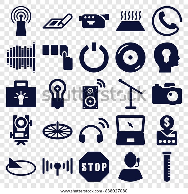 Technology icons set. set of\
25 technology filled icons such as call, plan, level equipment,\
push button, bulb, disc on fire, signal, camera, test tube,\
equalizer, laptop