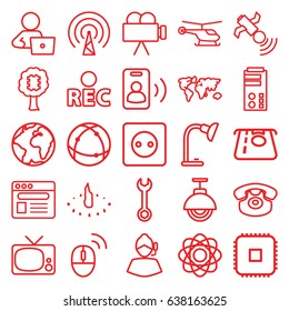 Technology icons set. set of 25 technology outline icons such as helicopter, plug socket, atm money withdraw, man with laptop, wrench, atom, desk phone, rec, satellite